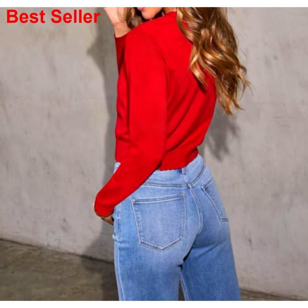Long Sleeve Crop Cardigan Sweater with Ruffle Sleeves Button Front - Picture 3 of 7